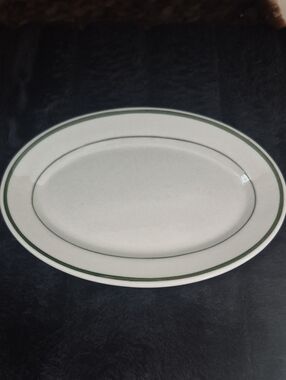 Oval White Ceramic Serving Platter with Green Double Rim.  Small Soap Dish Etc.